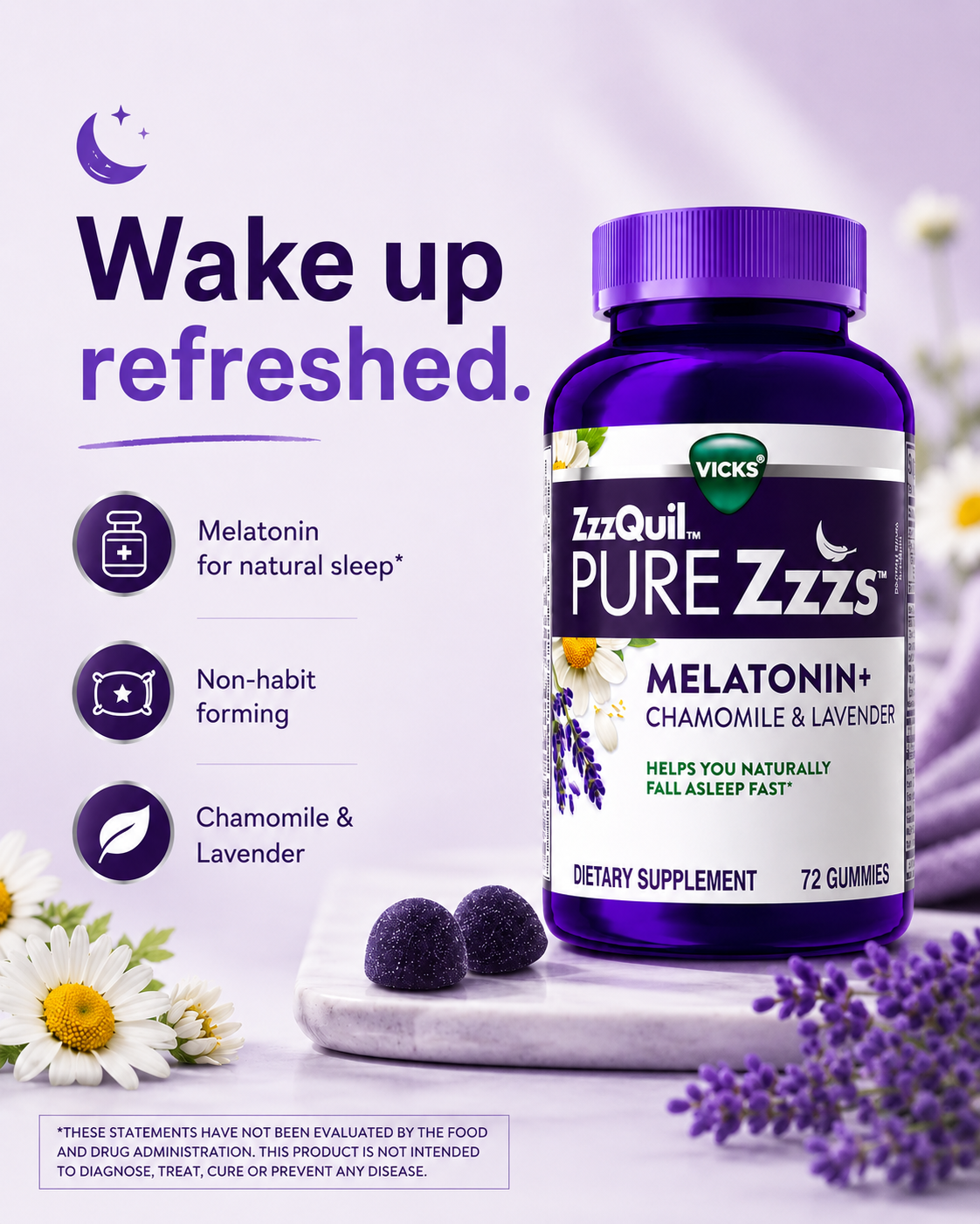 ZzzQuil Pure Zzzs Melatonin Gummies 2mg – Sleep Aid with Chamomile & Lavender