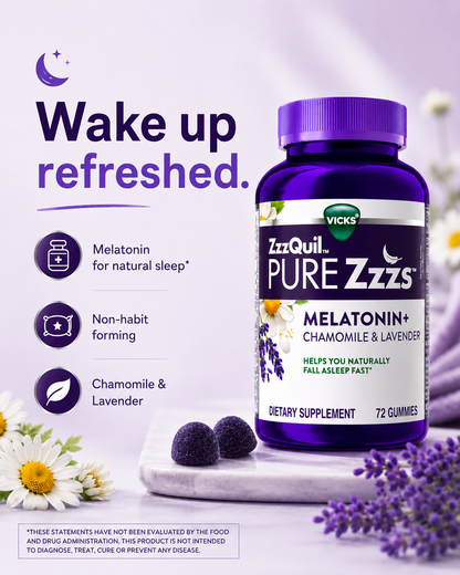 ZzzQuil Pure Zzzs Melatonin Gummies 2mg – Sleep Aid with Chamomile & Lavender
