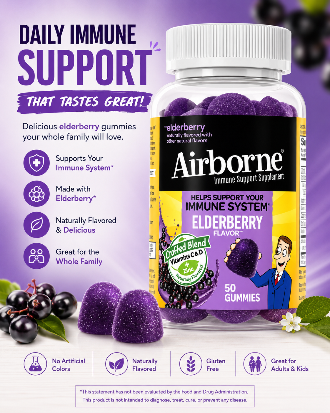 Airborne Elderberry + Zinc Gummies with Vitamins C, D & E – Immune Support 50 Count