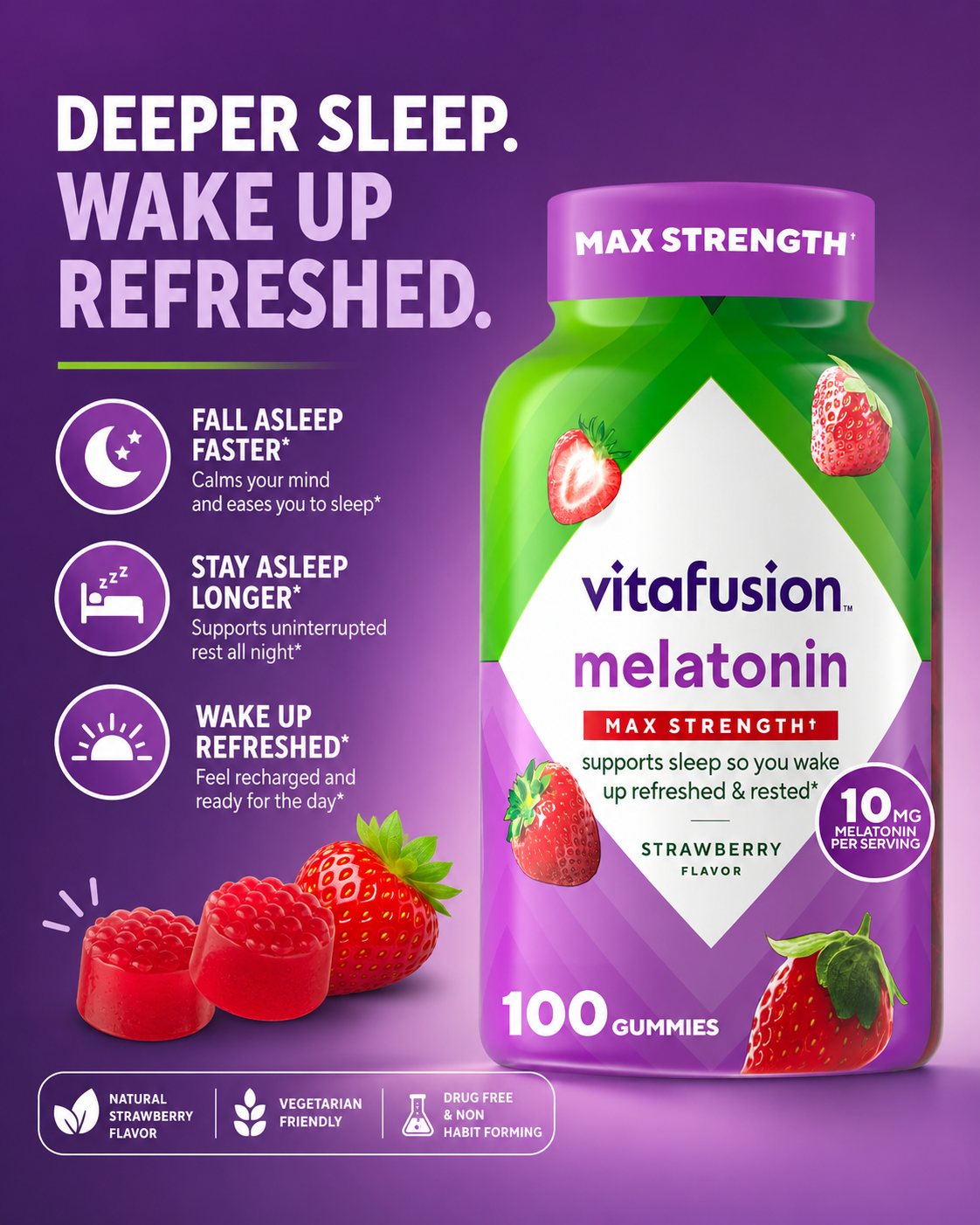 Vitafusion Max Strength 10mg Melatonin Gummies – Strawberry Sleep Support 100 Count