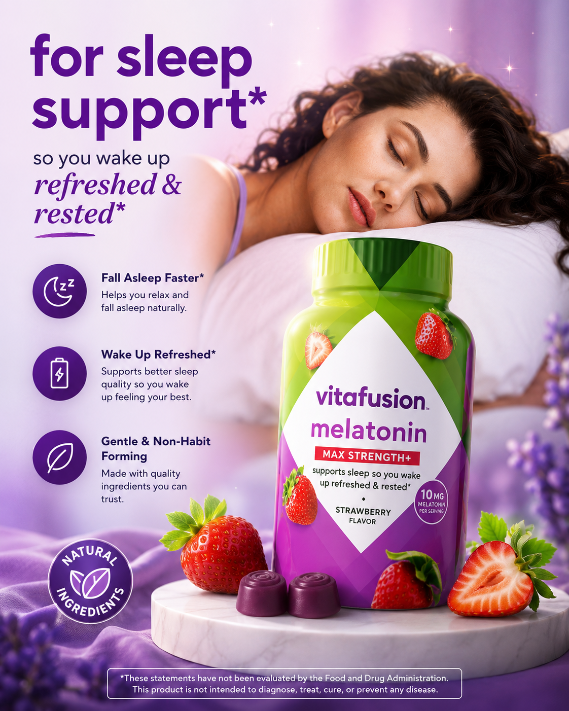 Vitafusion Max Strength 10mg Melatonin Gummies – Strawberry Sleep Support 100 Count