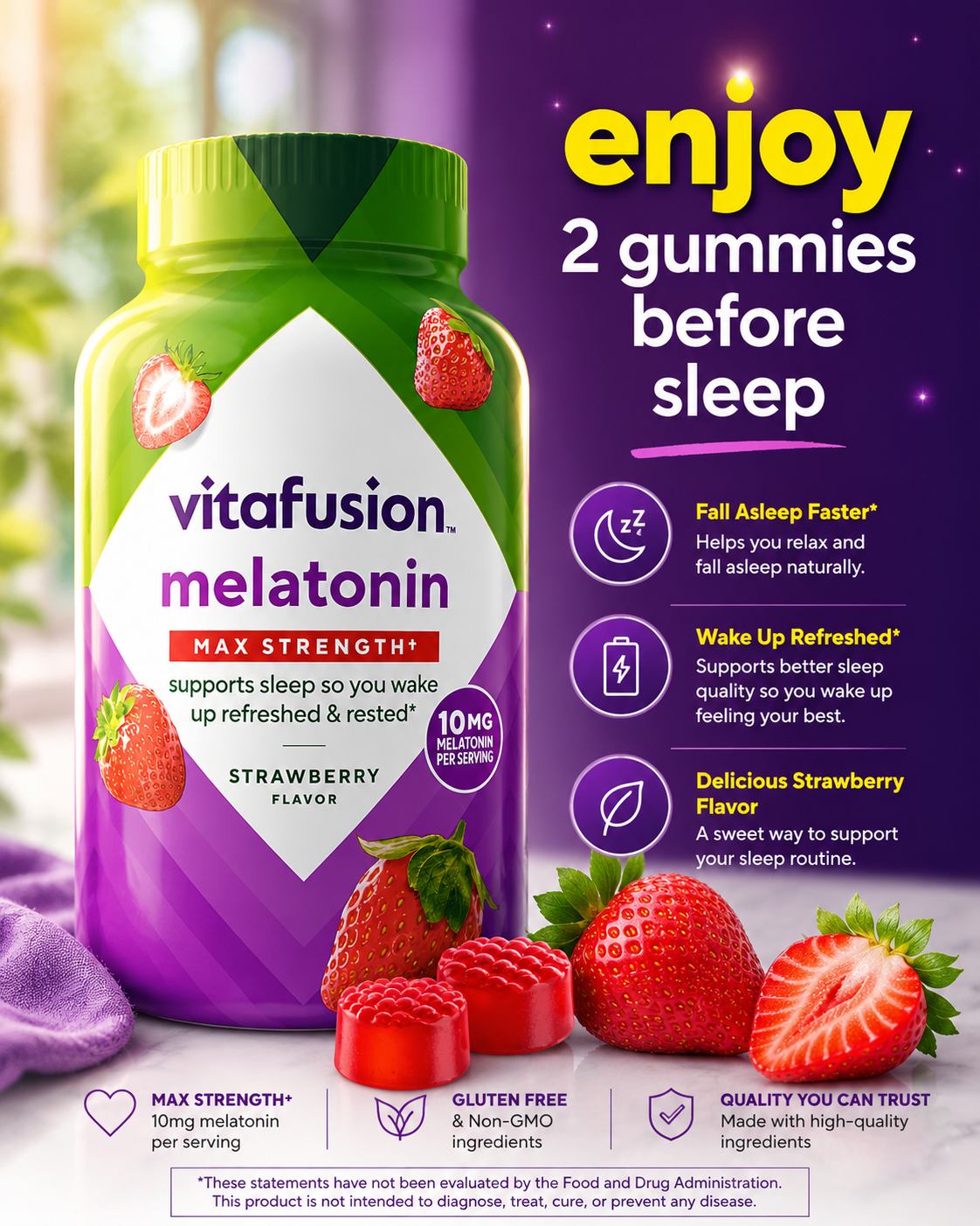 Vitafusion Max Strength 10mg Melatonin Gummies – Strawberry Sleep Support 100 Count