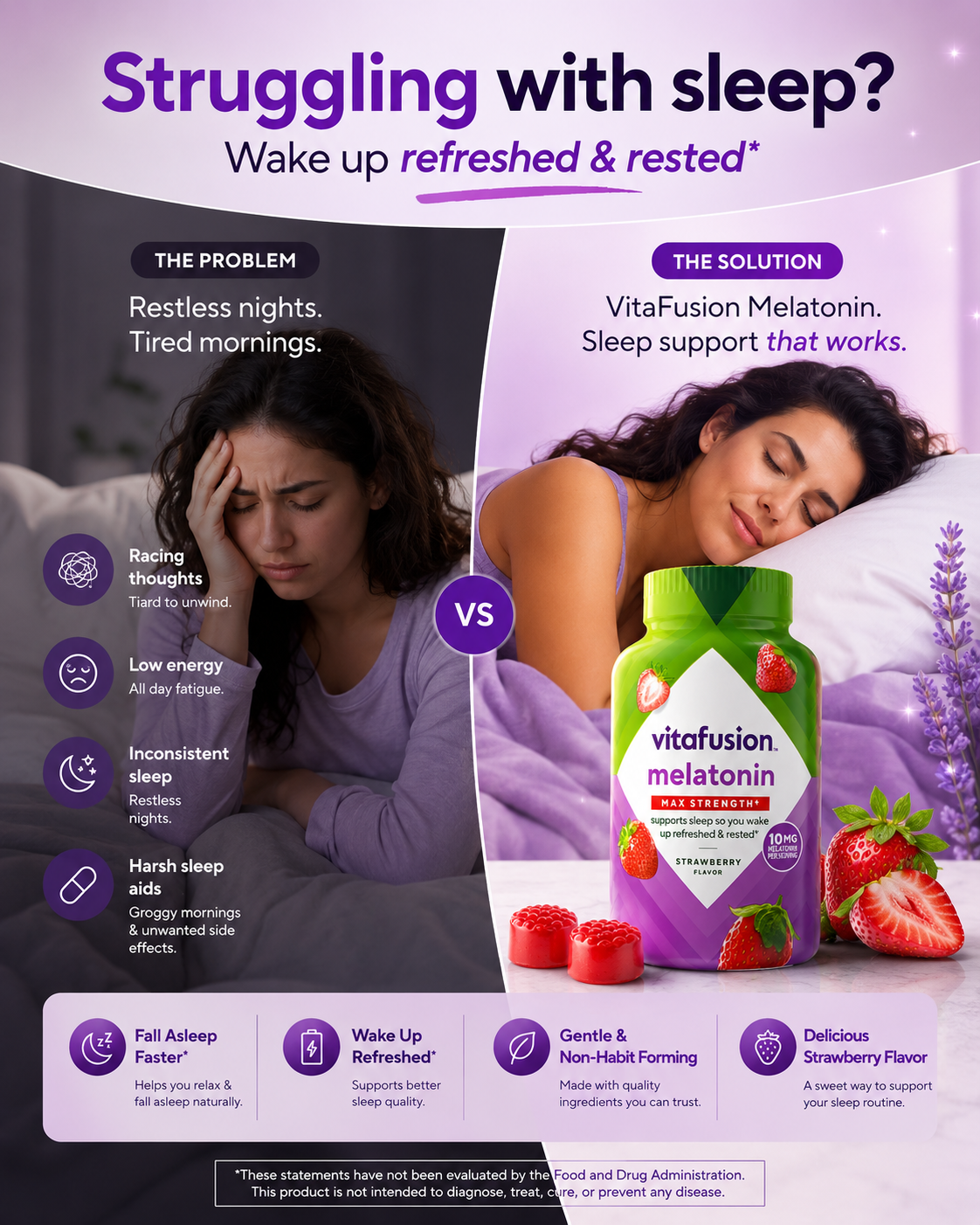 Vitafusion Max Strength 10mg Melatonin Gummies – Strawberry Sleep Support 100 Count
