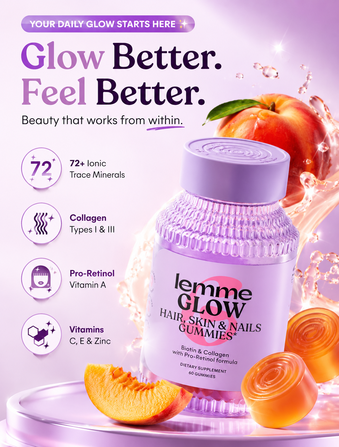 Lemme Glow Collagen Gummies with Biotin & Multi-Collagen Peptides – Hair, Skin & Nails Support