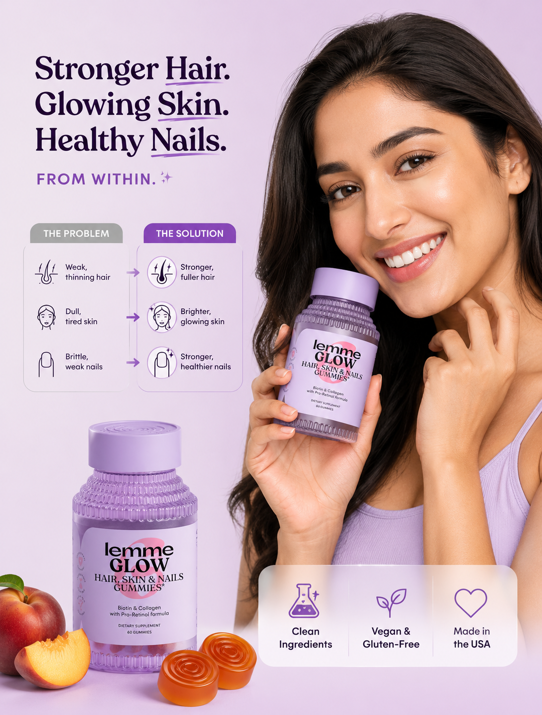 Lemme Glow Collagen Gummies with Biotin & Multi-Collagen Peptides – Hair, Skin & Nails Support
