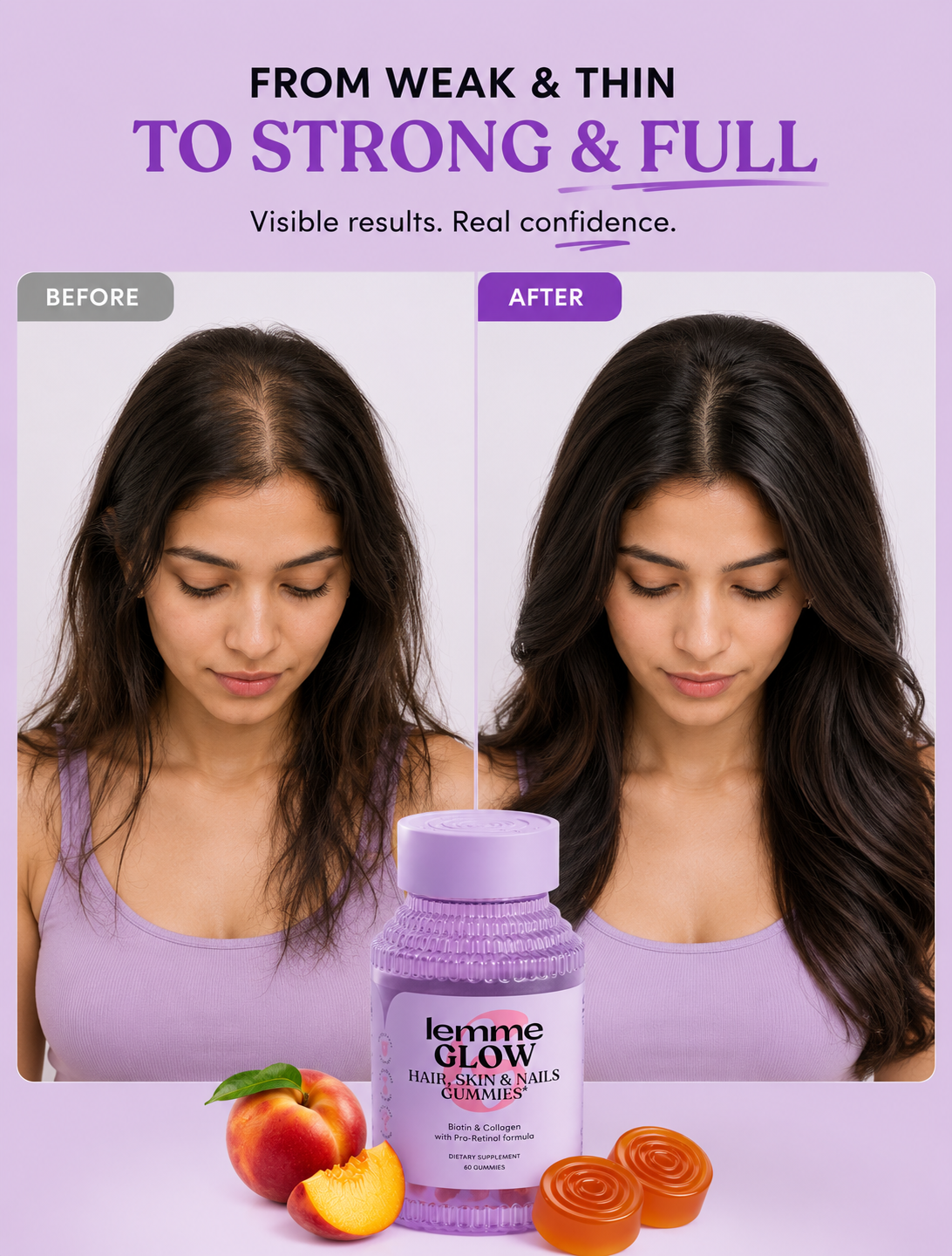 Lemme Glow Collagen Gummies with Biotin & Multi-Collagen Peptides – Hair, Skin & Nails Support
