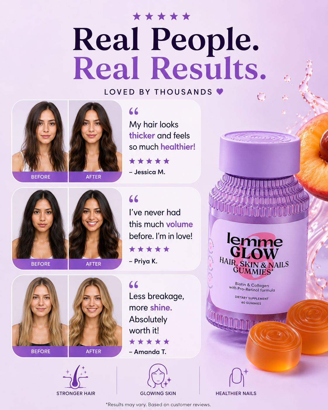 Lemme Glow Collagen Gummies with Biotin & Multi-Collagen Peptides – Hair, Skin & Nails Support