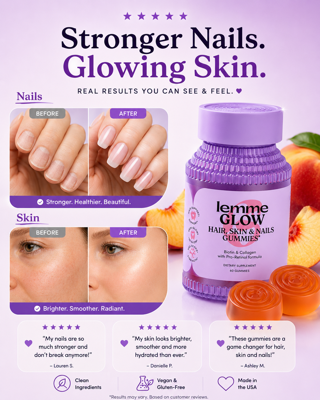 Lemme Glow Collagen Gummies with Biotin & Multi-Collagen Peptides – Hair, Skin & Nails Support