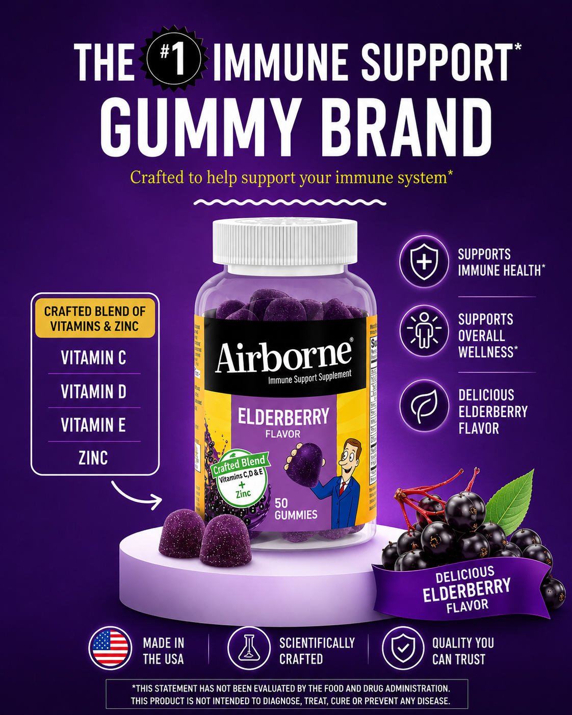 Airborne Elderberry + Zinc Gummies with Vitamins C, D & E – Immune Support 50 Count