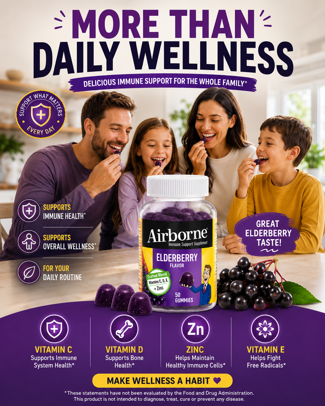Airborne Elderberry + Zinc Gummies with Vitamins C, D & E – Immune Support 50 Count