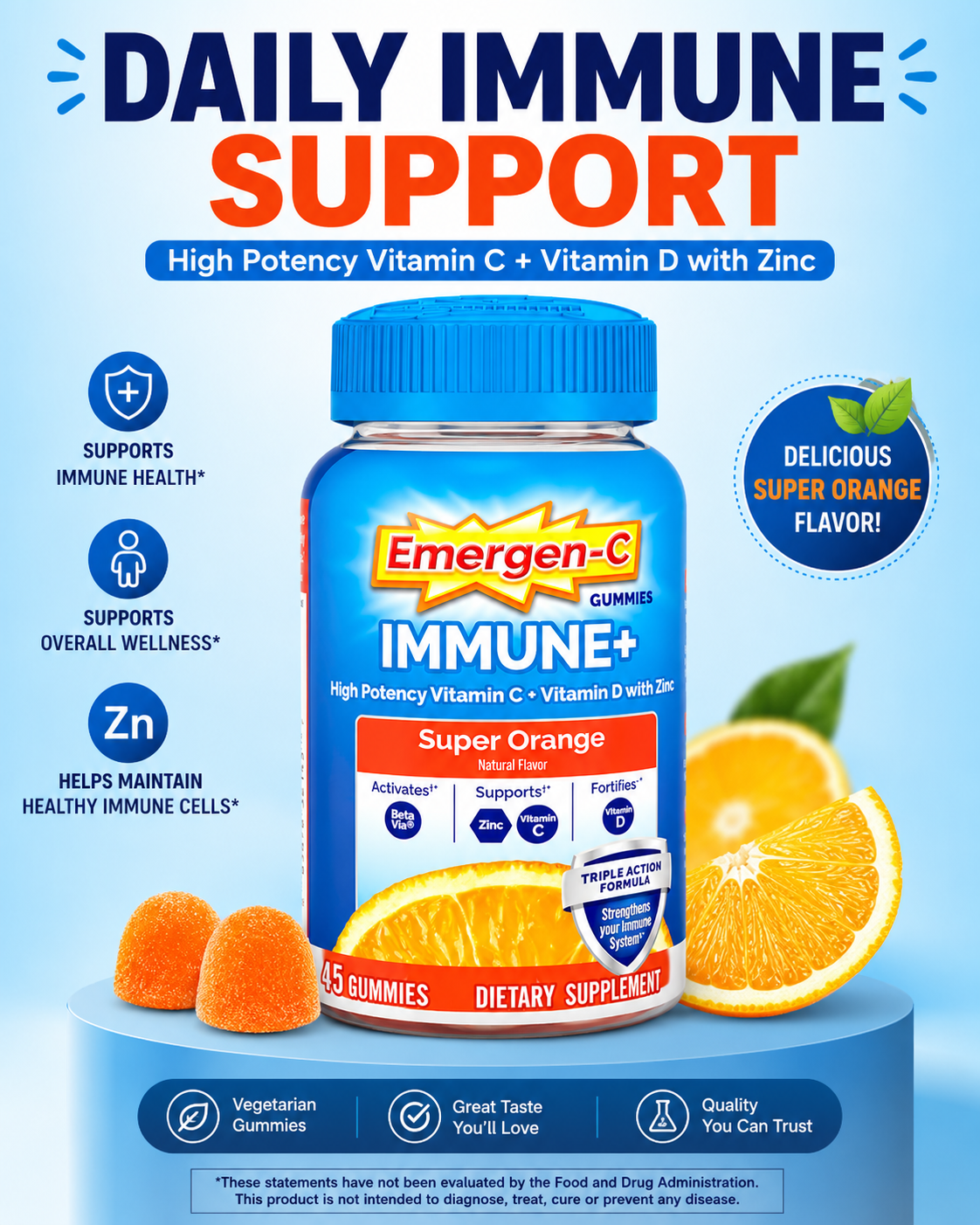 Emergen-C Immune+ Triple Action Gummies with 1000mg Vitamin C – Super Orange 45 Count