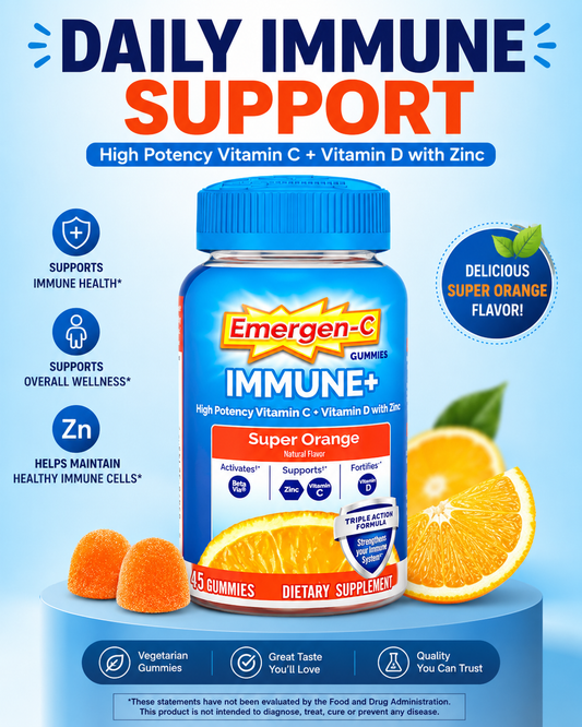 Emergen-C Immune+ Triple Action Gummies with 1000mg Vitamin C – Super Orange 45 Count
