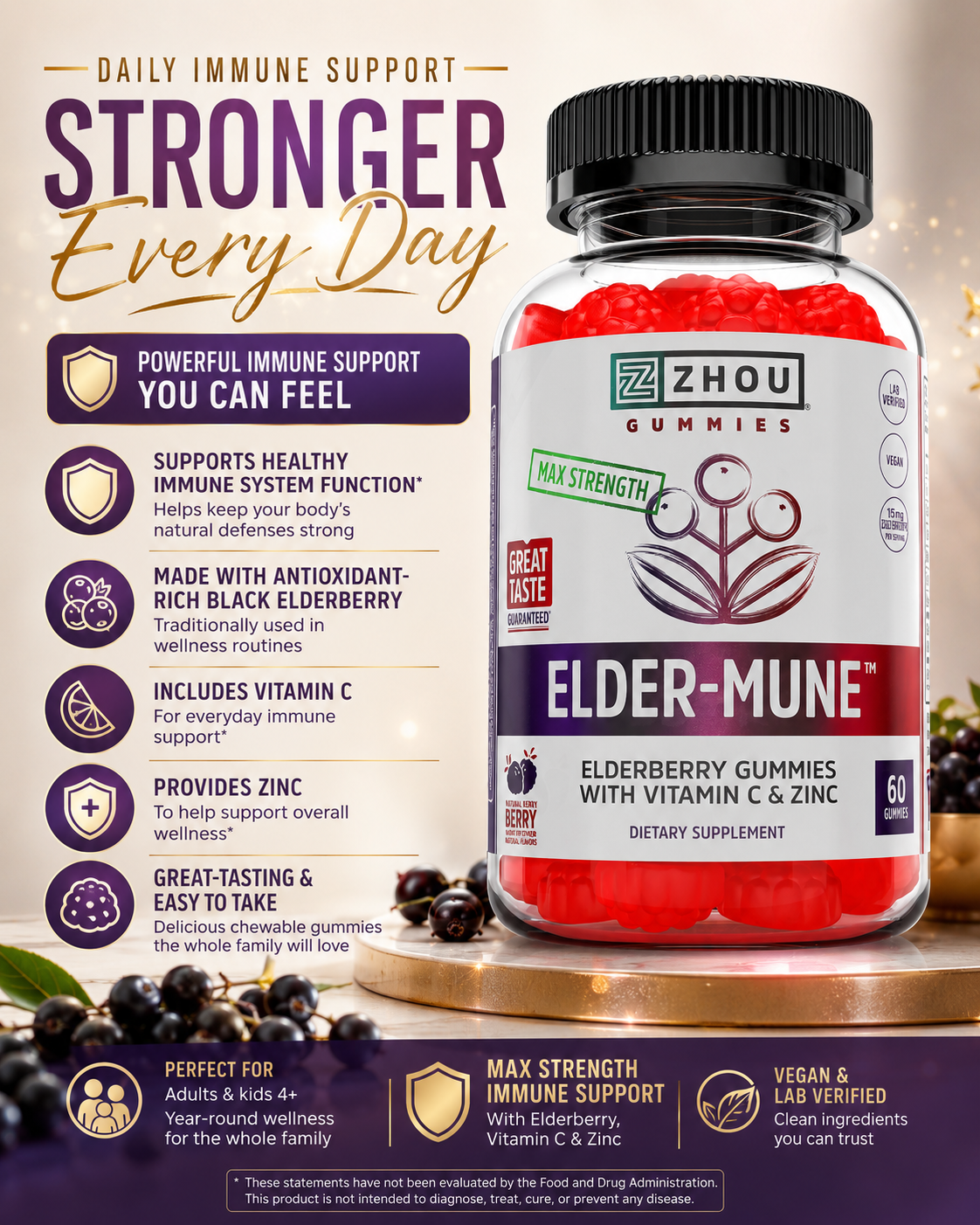 Zhou Elder-Mune Elderberry Gummies with Vitamin C & Zinc – Daily Immune Support Supplement 60 Gummies