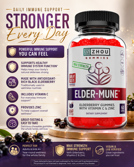 Zhou Elder-Mune Elderberry Gummies with Vitamin C & Zinc – Daily Immune Support Supplement 60 Gummies