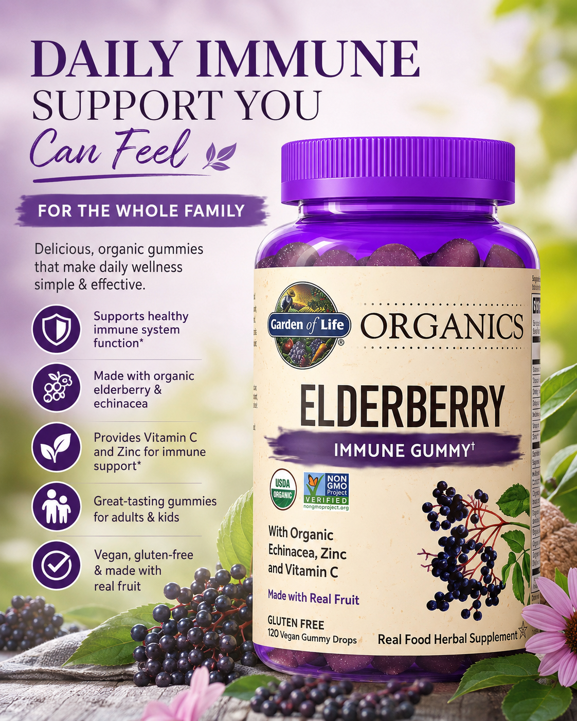 Garden of Life Organics Elderberry Gummies with Vitamin C, Zinc & Echinacea – Immune Support for Adults & Kids 120 Count