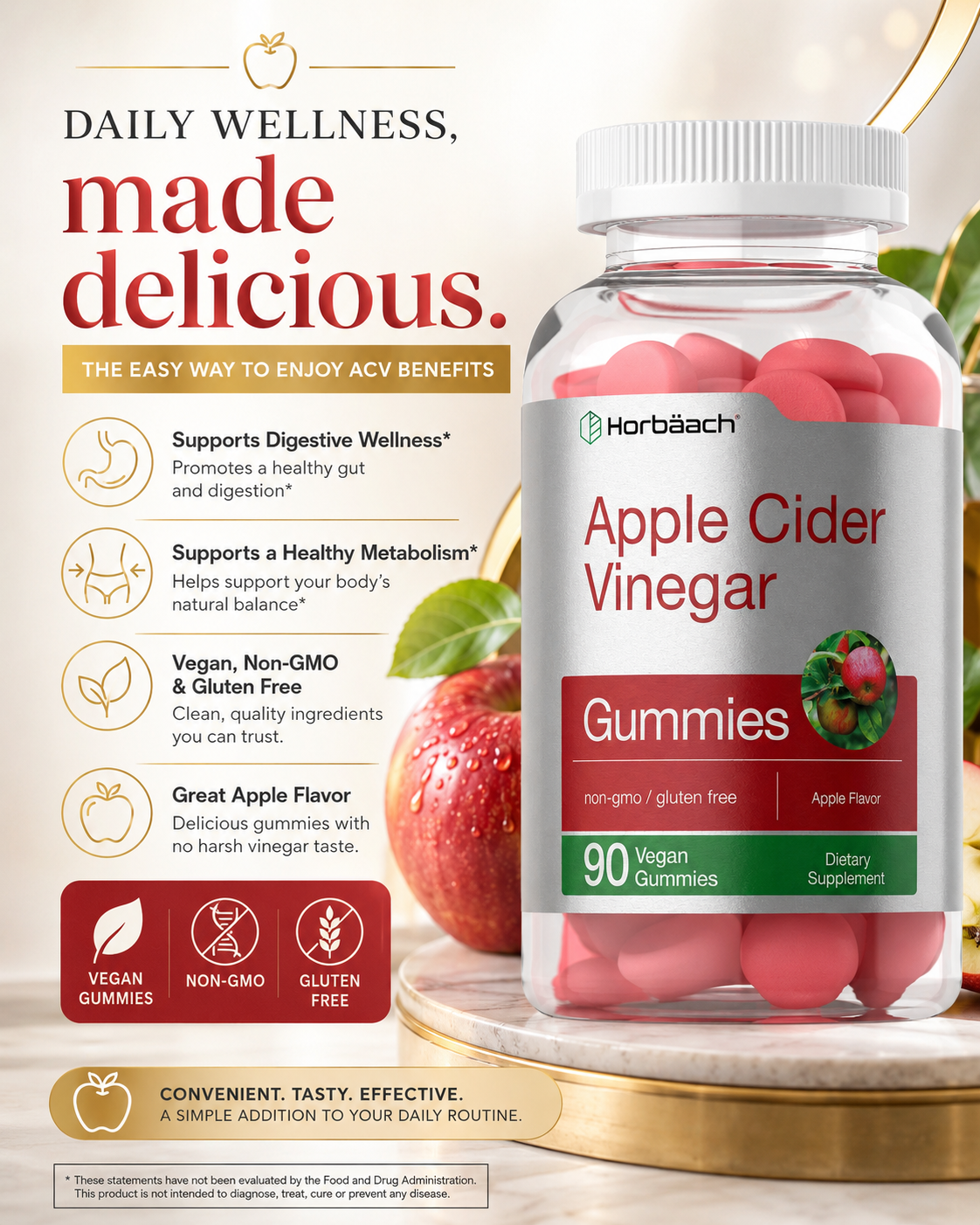 Horbäach Apple Cider Vinegar Gummies – Vegan ACV Dietary Supplement for Digestive Wellness 90 Gummies