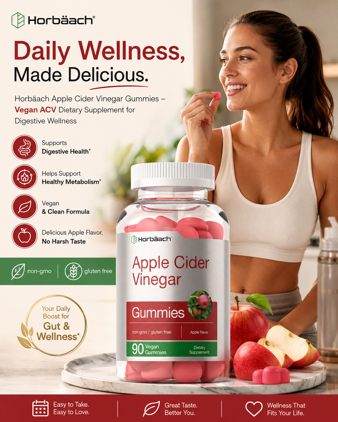 Horbäach Apple Cider Vinegar Gummies – Vegan ACV Dietary Supplement for Digestive Wellness 90 Gummies