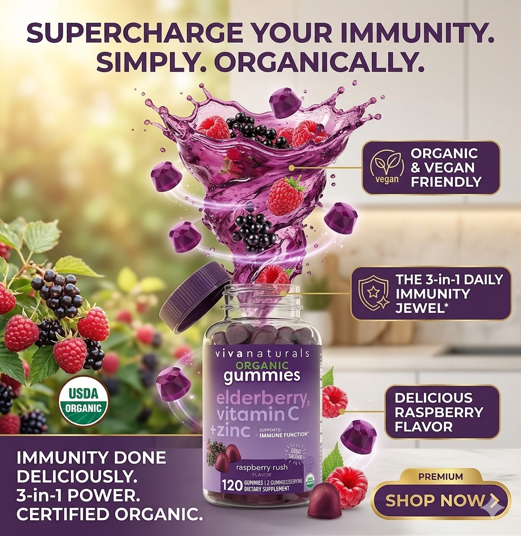 Vivanaturals Elderberry Vitamin C & Zinc Immune Support Gummies – Organic Raspberry 120 Count