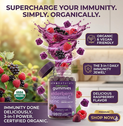 Vivanaturals Elderberry Vitamin C & Zinc Immune Support Gummies – Organic Raspberry 120 Count