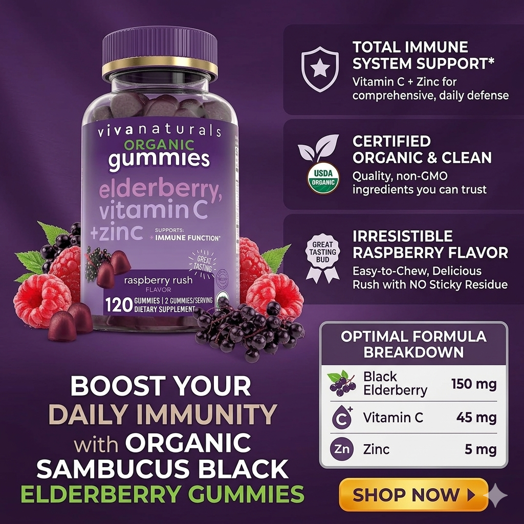 Vivanaturals Elderberry Vitamin C & Zinc Immune Support Gummies – Organic Raspberry 120 Count