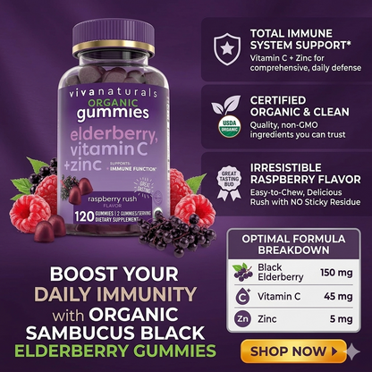 Vivanaturals Elderberry Vitamin C & Zinc Immune Support Gummies – Organic Raspberry 120 Count