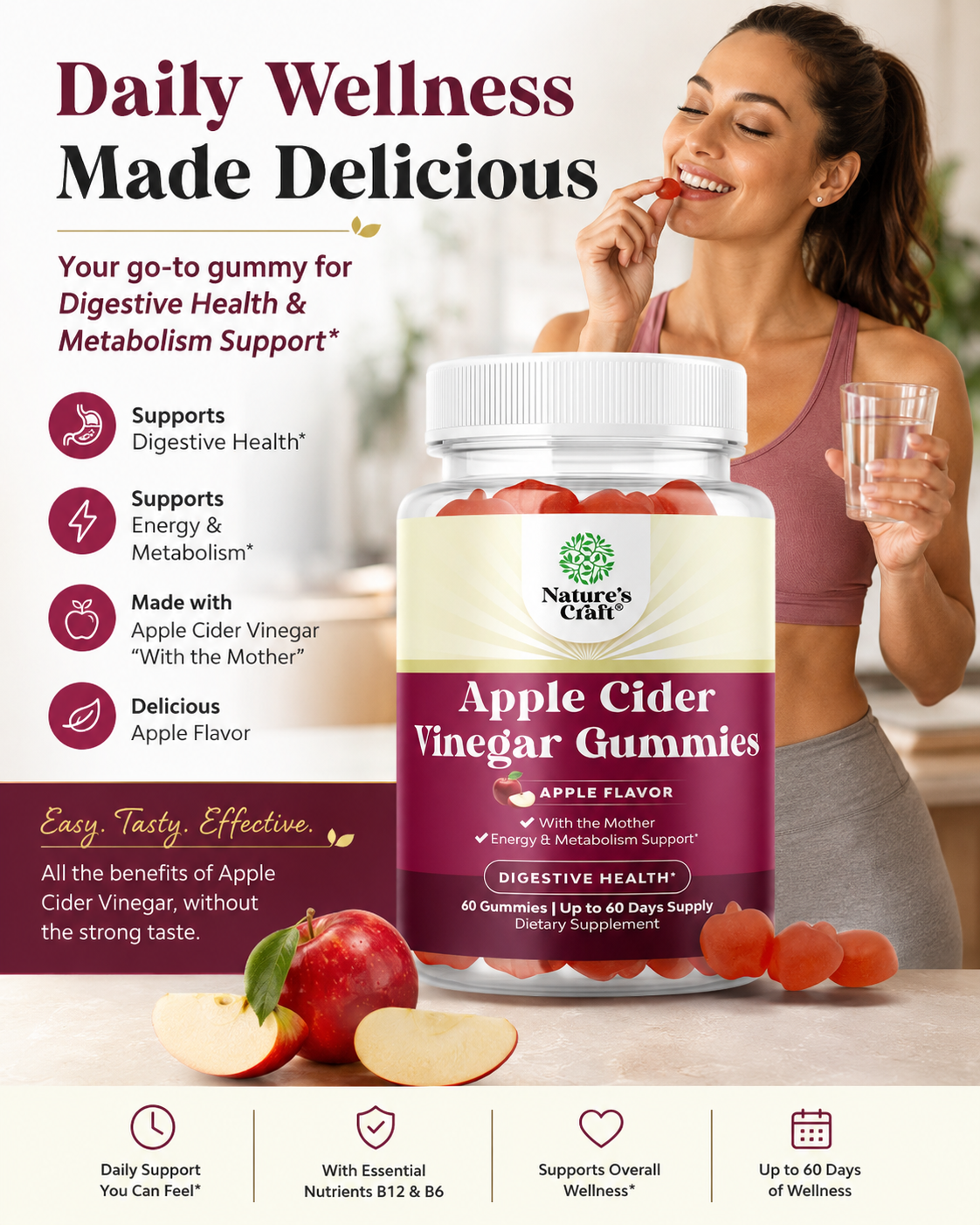 Apple Cider Vinegar Gummies with Mother, B12 & B6 – Digestive and Metabolism Support 60 Count