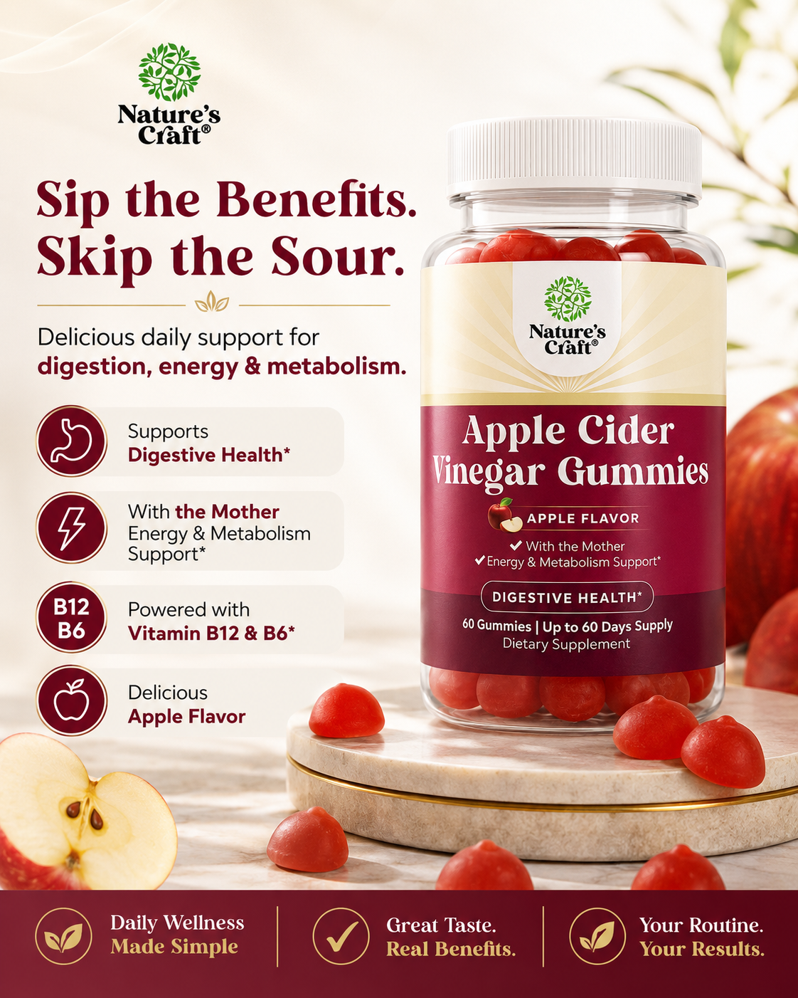 Apple Cider Vinegar Gummies with Mother, B12 & B6 – Digestive and Metabolism Support 60 Count