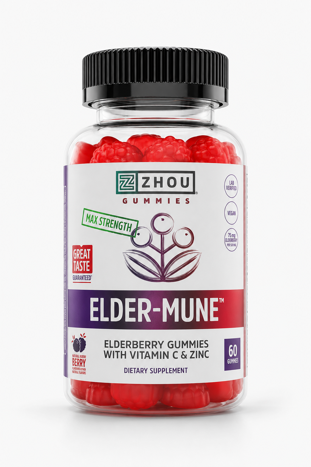 Zhou Elder-Mune Elderberry Gummies with Vitamin C & Zinc – Daily Immune Support Supplement 60 Gummies