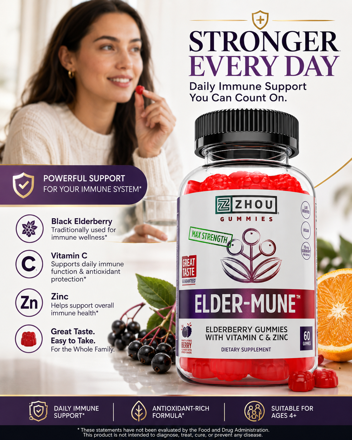 Zhou Elder-Mune Elderberry Gummies with Vitamin C & Zinc – Daily Immune Support Supplement 60 Gummies