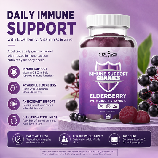 NEW AGE Sambucus Black Elderberry Gummies with Vitamin C & Zinc – Immune System Support 120 Count (Pack of 2)